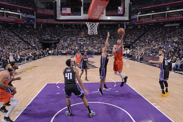 SACRAMENTO, CA - DECEMBER 14: Chet Holmgren #7 of the Oklahoma City Thunder shoots the ball during the game against the Sacramento Kings on December 14, 2023 at Golden 1 Center in Sacramento, California. NOTE TO USER: User expressly acknowledges and agrees that, by downloading and or using this Photograph, user is consenting to the terms and conditions of the Getty Images License Agreement. Mandatory Copyright Notice: Copyright 2023 NBAE (Photo by Rocky Widner/NBAE via Getty Images)