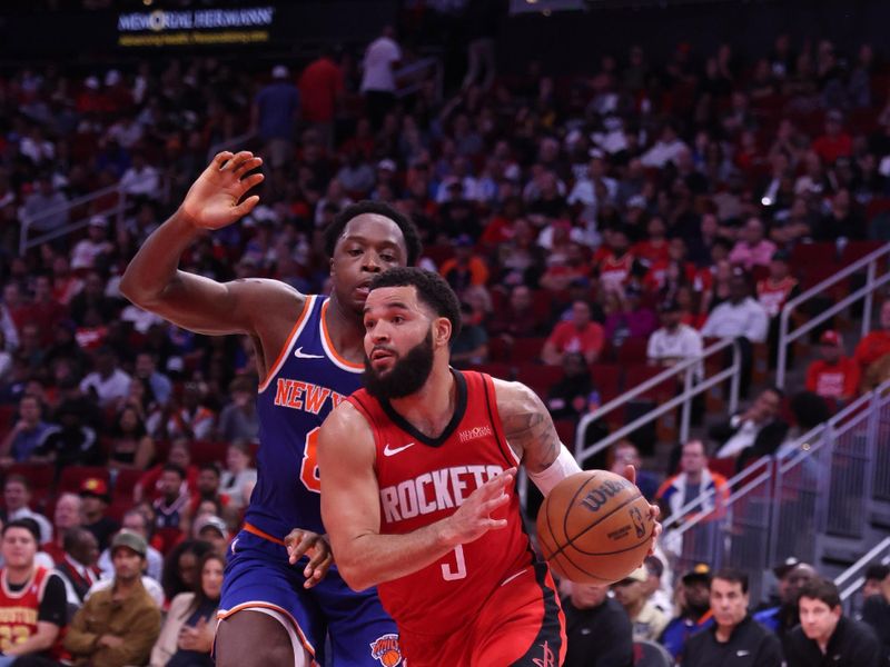 HOUSTON, TX - NOVEMBER 4: Fred VanVleet #5 of the Houston Rockets drives to the basket during the game against the New York Knicks on November 4, 2024 at the Toyota Center in Houston, Texas. NOTE TO USER: User expressly acknowledges and agrees that, by downloading and or using this photograph, User is consenting to the terms and conditions of the Getty Images License Agreement. Mandatory Copyright Notice: Copyright 2024 NBAE (Photo by Michael Starghill Jr./NBAE via Getty Images)