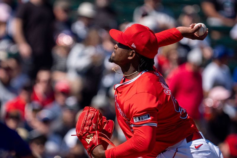 Mar 8, 2024; Tempe, Arizona, USA; Los Angeles Angels starting pitcher Jose Soriano (59) on the mound in the second during a spring training game against the Colorado Rockies at Tempe Diablo Stadium. Mandatory Credit: Allan Henry-USA TODAY Sports