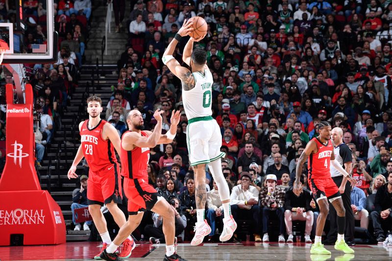 HOUSTON, TX - JANUARY 3:  Jayson Tatum #0 of the Boston Celtics shoots the ball during the game against the Houston Rockets on January 3, 2025 at the Toyota Center in Houston, Texas. NOTE TO USER: User expressly acknowledges and agrees that, by downloading and or using this photograph, User is consenting to the terms and conditions of the Getty Images License Agreement. Mandatory Copyright Notice: Copyright 2025 NBAE (Photo by Logan Riely/NBAE via Getty Images)