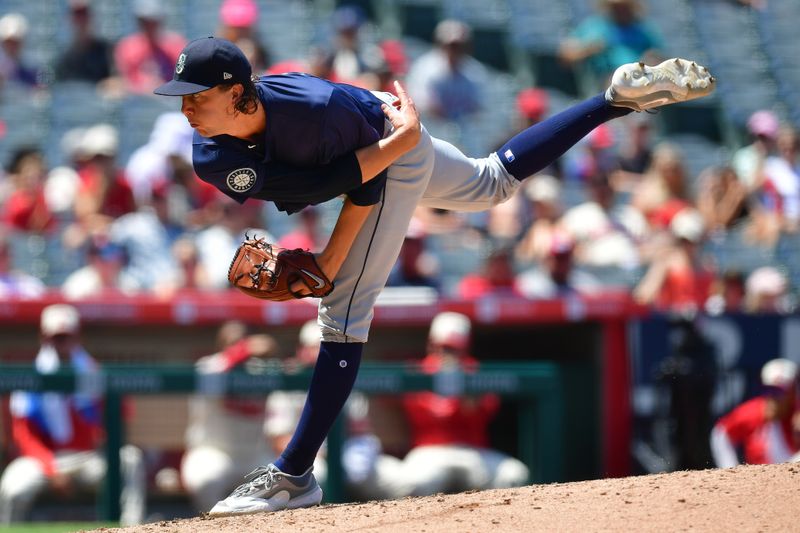 Jul 14, 2024; Anaheim, California, USA; Seattle Mariners pitcher Logan Gilbert (36) throws against the Los Angeles Angels during the fifth inning at Angel Stadium. Mandatory Credit: Gary A. Vasquez-USA TODAY Sports