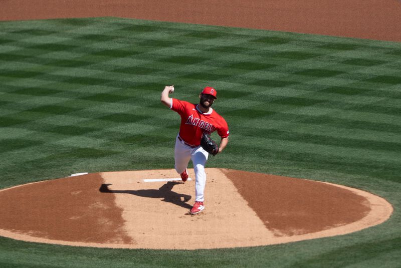 Mar 10, 2024; Tempe, Arizona, USA; Los Angeles Angels pitcher Jimmy Herget (46) on the mound to start the first inning during a spring training game against the San Diego Padres at Tempe Diablo Stadium. Mandatory Credit: Allan Henry-USA TODAY Sports