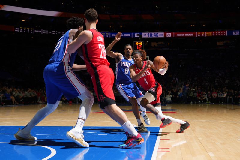 PHILADELPHIA, PA - FEBRUARY 13: Jalen Green #4 of the Houston Rockets drives to the basket during the game against the Philadelphia 76ers on February 13, 2023 at the Wells Fargo Center in Philadelphia, Pennsylvania NOTE TO USER: User expressly acknowledges and agrees that, by downloading and/or using this Photograph, user is consenting to the terms and conditions of the Getty Images License Agreement. Mandatory Copyright Notice: Copyright 2023 NBAE (Photo by Jesse D. Garrabrant/NBAE via Getty Images)