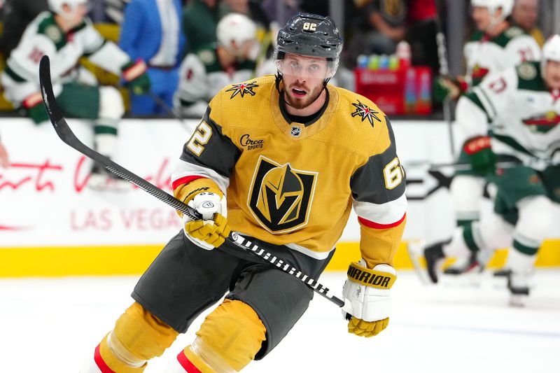 Feb 12, 2024; Las Vegas, Nevada, USA; Vegas Golden Knights defenseman Daniil Miromanov (62) skates against the Minnesota Wild during the second period at T-Mobile Arena. Mandatory Credit: Stephen R. Sylvanie-USA TODAY Sports