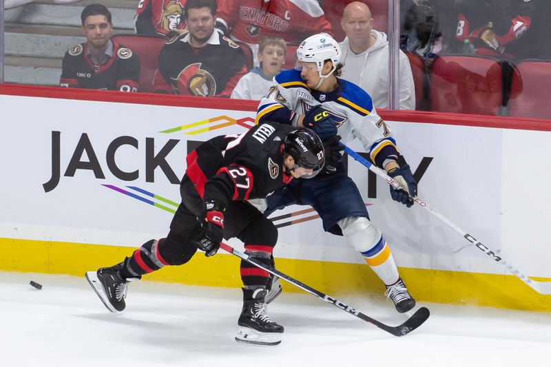 Mar 21, 2024; Ottawa, Ontario, CAN; Ottawa Senators left wing Parker Kelly (27) battles with St. Louis Blues center Zack Bolduc (76) to keep him away from the puck in the third period at the Canadian Tire Centre. Mandatory Credit: Marc DesRosiers-USA TODAY Sports