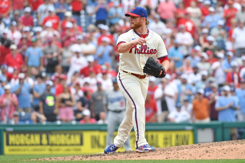 Jun 11, 2023; Philadelphia, Pennsylvania, USA; Philadelphia Phillies relief pitcher Craig Kimbrel (31) reacts after a strike out to end the game against the Los Angeles Dodgers at Citizens Bank Park. Mandatory Credit: Eric Hartline-USA TODAY Sports