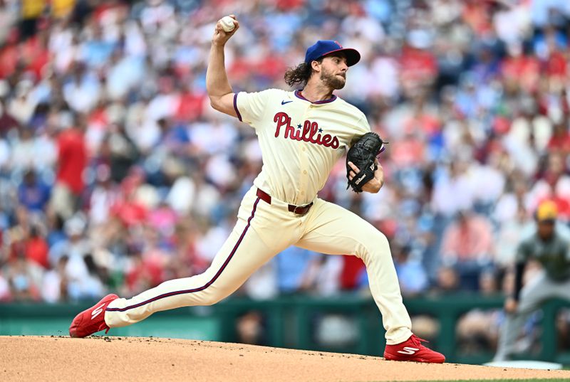 Jun 5, 2024; Philadelphia, Pennsylvania, USA; Philadelphia Phillies starting pitcher Aaron Nola (27) throws a pitch against the Milwaukee Brewers in the first inning at Citizens Bank Park. Mandatory Credit: Kyle Ross-USA TODAY Sports