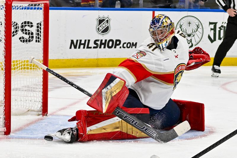 Jan 9, 2024; St. Louis, Missouri, USA;  Florida Panthers goaltender Anthony Stolarz (41) defends the net against the St. Louis Blues during the second period at Enterprise Center. Mandatory Credit: Jeff Curry-USA TODAY Sports