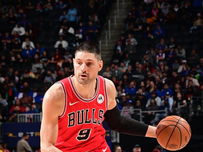 DETROIT, MI - APRIL 11: Nikola Vucevic #9 of the Chicago Bulls dribbles the ball during the game against the Detroit Pistons on April 11, 2024 at Little Caesars Arena in Detroit, Michigan. NOTE TO USER: User expressly acknowledges and agrees that, by downloading and/or using this photograph, User is consenting to the terms and conditions of the Getty Images License Agreement. Mandatory Copyright Notice: Copyright 2024 NBAE (Photo by Chris Schwegler/NBAE via Getty Images)