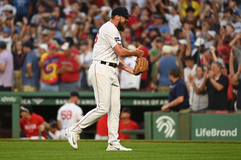 Aug 26, 2023; Boston, Massachusetts, USA;  Boston Red Sox relief pitcher John Schreiber (46) reacts after the third out defeating the Los Angeles Dodgers at Fenway Park. Mandatory Credit: Bob DeChiara-USA TODAY Sports