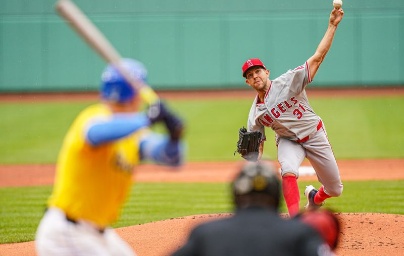Apr 14, 2024; Boston, Massachusetts, USA; Los Angeles Angels pitcher Tyler Anderson (31) throws a pitch against the Boston Red Sox in the first inning at Fenway Park. Mandatory Credit: David Butler II-USA TODAY Sports