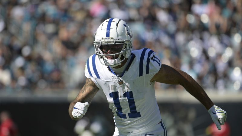 Indianapolis Colts wide receiver Michael Pittman Jr. (11) runs a route during the second half of an NFL football game against the Jacksonville Jaguars, Sunday, Oct. 15, 2023, in Jacksonville, Fla. (AP Photo/Phelan M. Ebenhack)