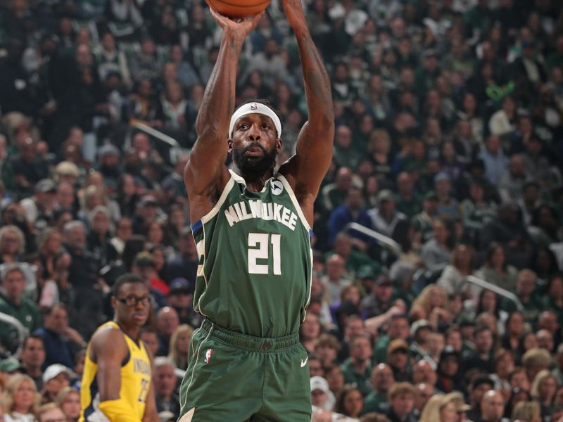 MILWAUKEE, WI - APRIL 21: Patrick Beverley #21 of the Milwaukee Bucks shoots the ball during the game against the Indiana Pacers during Round 1 Game 1 of the 2024 NBA Playoffs on April 21, 2024 at the Fiserv Forum Center in Milwaukee, Wisconsin. NOTE TO USER: User expressly acknowledges and agrees that, by downloading and or using this Photograph, user is consenting to the terms and conditions of the Getty Images License Agreement. Mandatory Copyright Notice: Copyright 2024 NBAE (Photo by Gary Dineen/NBAE via Getty Images).