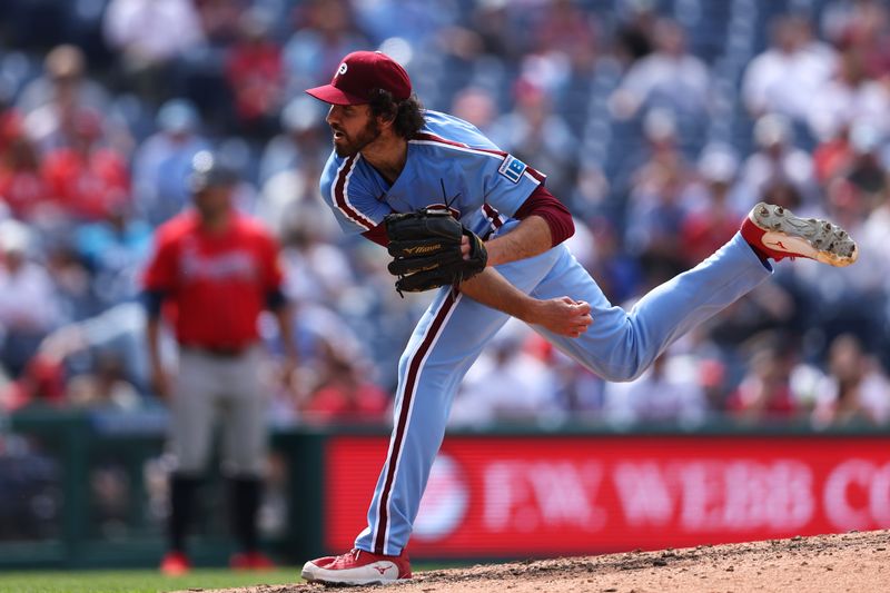 May 29, 2025; Philadelphia, Pennsylvania, USA; Philadelphia Phillies pitcher Jordan Romano (68) throws a pitch during the ninth inning against the Atlanta Braves at Citizens Bank Park. Mandatory Credit: Bill Streicher-Imagn Images