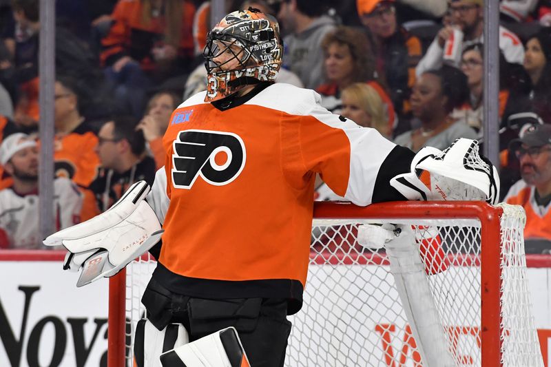 Apr 16, 2024; Philadelphia, Pennsylvania, USA; Philadelphia Flyers goaltender Samuel Ersson (33) against the Washington Capitals during the first period at Wells Fargo Center. Mandatory Credit: Eric Hartline-USA TODAY Sports