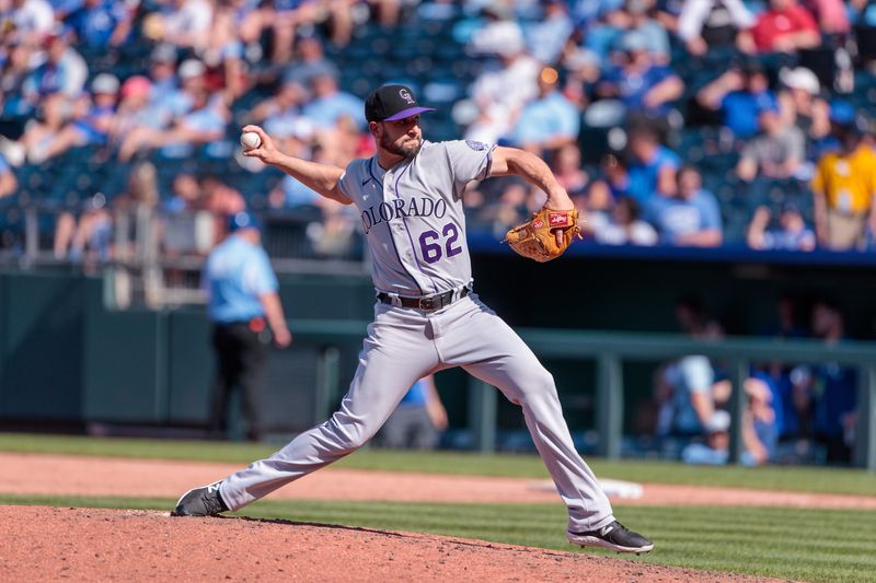 Jun 3, 2023; Kansas City, Missouri, USA; Colorado Rockies relief pitcher Matt Carasiti (62) pitches during the fifth inning against the Kansas City Royals at Kauffman Stadium. Mandatory Credit: William Purnell-USA TODAY Sports