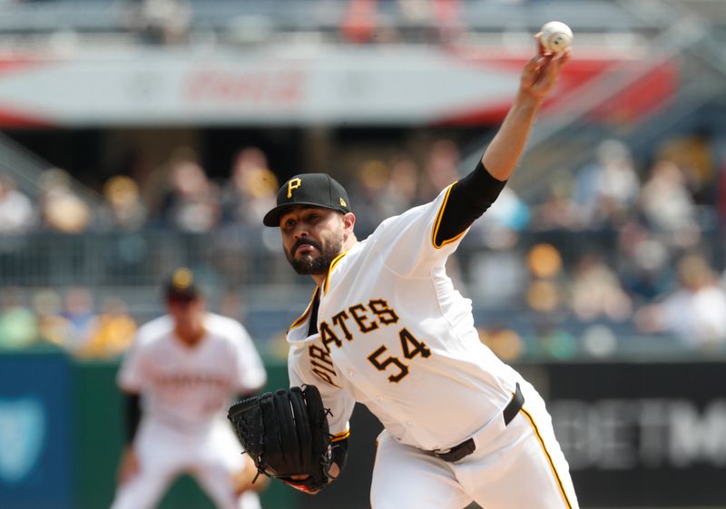 Apr 9, 2024; Pittsburgh, Pennsylvania, USA;  Pittsburgh Pirates starting pitcher Martin Perez (54) throws against the Detroit Tigers during the second inning at PNC Park. Mandatory Credit: Charles LeClaire-USA TODAY Sports