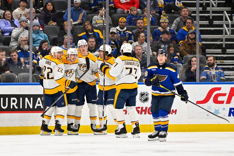 Nov 24, 2023; St. Louis, Missouri, USA;  Nashville Predators defenseman Spencer Stastney (24) is congratulated by teammates after scoring against the St. Louis Blues during the second period at Enterprise Center. Mandatory Credit: Jeff Curry-USA TODAY Sports