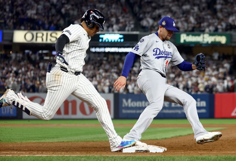 Oct 30, 2024; New York, New York, USA; Los Angeles Dodgers pitcher Blake Treinen (49) forces out New York Yankees outfielder Juan Soto (22) during the eighth inning in game five of the 2024 MLB World Series at Yankee Stadium. Mandatory Credit: Vincent Carchietta-Imagn Images