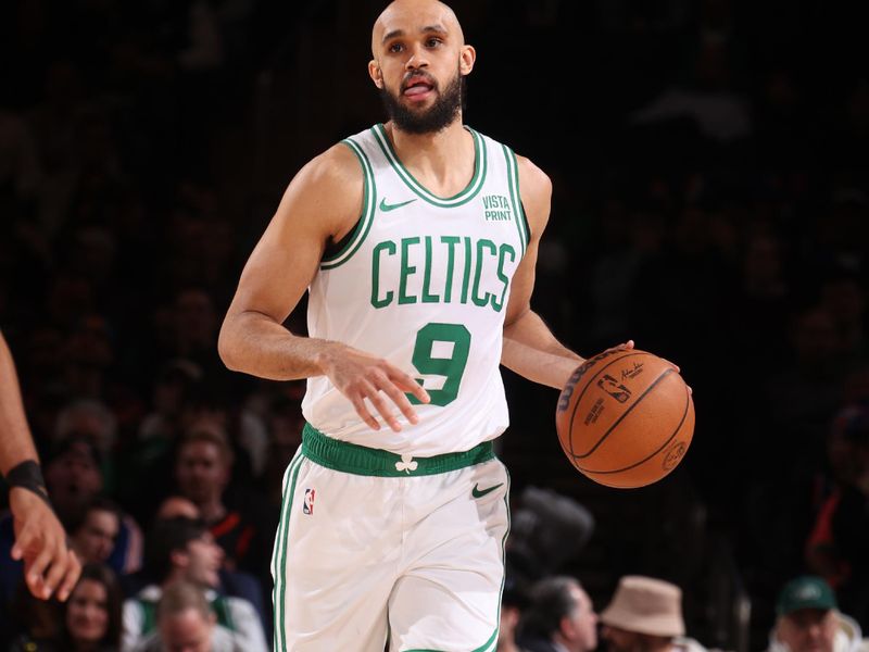 NEW YORK, NY - FEBRUARY 24: Derrick White #9 of the Boston Celtics dribbles the ball during the game against the New York Knicks on February 24, 2024 at Madison Square Garden in New York City, New York.  NOTE TO USER: User expressly acknowledges and agrees that, by downloading and or using this photograph, User is consenting to the terms and conditions of the Getty Images License Agreement. Mandatory Copyright Notice: Copyright 2024 NBAE  (Photo by Nathaniel S. Butler/NBAE via Getty Images)