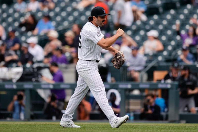 Apr 30, 2025; Denver, Colorado, USA; Colorado Rockies relief pitcher Zach Agnos (36) reacts after the game against the Atlanta Braves at Coors Field. Mandatory Credit: Isaiah J. Downing-Imagn Images