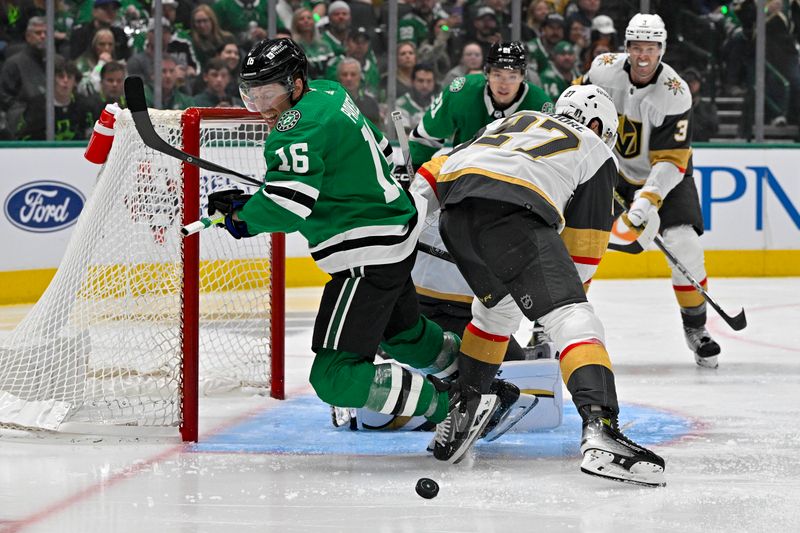 Apr 22, 2024; Dallas, Texas, USA; Dallas Stars center Joe Pavelski (16) is tripped up by Vegas Golden Knights defenseman Shea Theodore (27) during the second period in game one of the first round of the 2024 Stanley Cup Playoffs at the American Airlines Center. Mandatory Credit: Jerome Miron-USA TODAY Sports