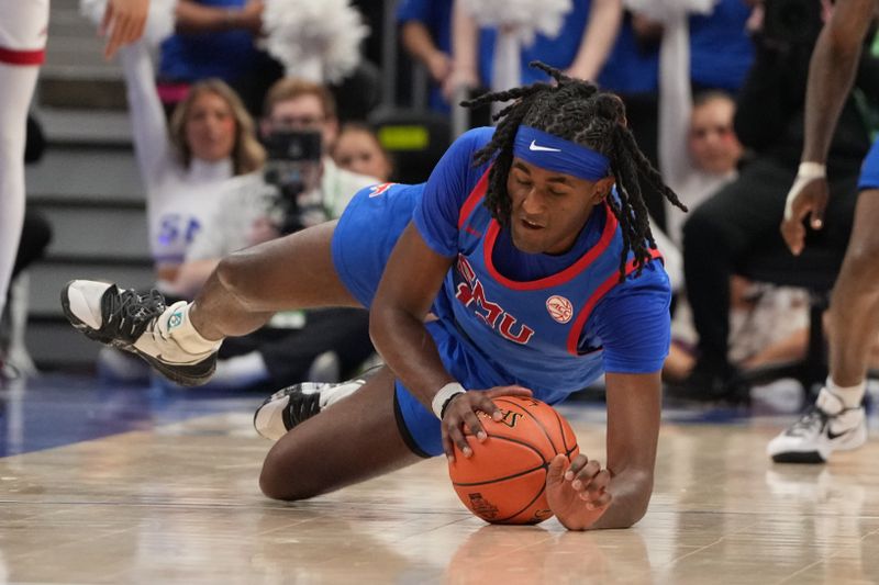 Mar 11, 2026; Charlotte, NC, USA; Southern Methodist University Mustangs center Jaden Toombs (10) with the ball in the first half at Spectrum Center. Mandatory Credit: Bob Donnan-Imagn Images