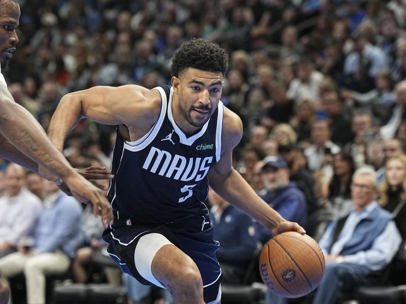 DALLAS, TX - November 19: Quentin Grimes #5 of the Dallas Mavericks drives to the basket during the NBA Cup game against the New Orleans Pelicans on November 19, 2024 at American Airlines Center in Dallas, Texas. NOTE TO USER: User expressly acknowledges and agrees that, by downloading and or using this photograph, User is consenting to the terms and conditions of the Getty Images License Agreement. Mandatory Copyright Notice: Copyright 2024 NBAE (Photo by Glenn James/NBAE via Getty Images)