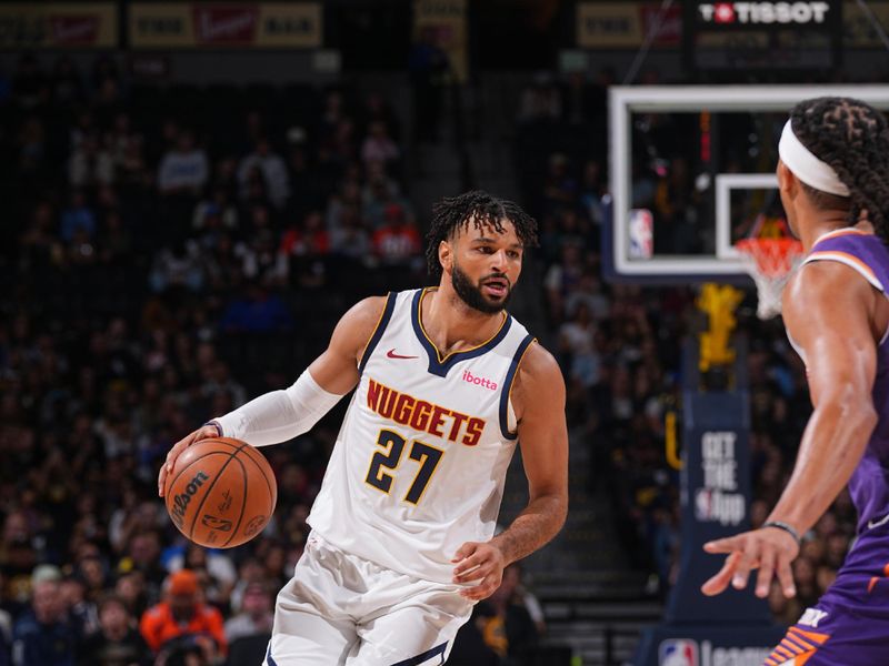 DENVER, CO - OCTOBER 13: Jamal Murray #27 of the Denver Nuggets dribbles the ball during the game against the Phoenix Suns on October 13, 2024 at Ball Arena in Denver, Colorado. NOTE TO USER: User expressly acknowledges and agrees that, by downloading and/or using this Photograph, user is consenting to the terms and conditions of the Getty Images License Agreement. Mandatory Copyright Notice: Copyright 2024 NBAE (Photo by Bart Young/NBAE via Getty Images)