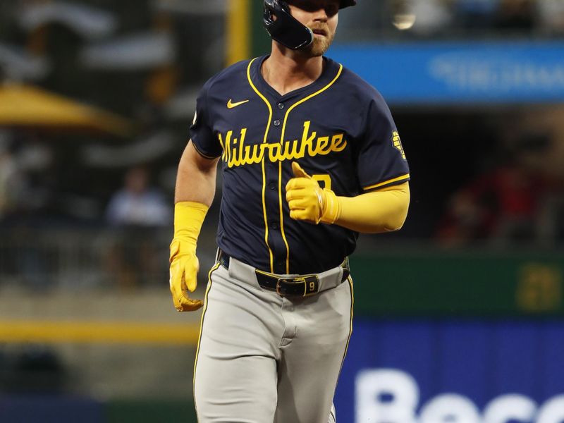 Sep 25, 2024; Pittsburgh, Pennsylvania, USA;  Milwaukee Brewers designated hitter Jake Bauers (9) circles the bases on a solo home run against the Pittsburgh Pirates during the second inning at PNC Park. Mandatory Credit: Charles LeClaire-Imagn Images