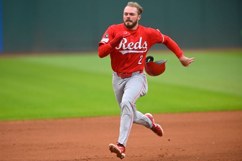 Jun 10, 2025; Cleveland, Ohio, USA; Cincinnati Reds designated hitter Gavin Lux (2) runs the bases in the fourth inning against the Cleveland Guardians at Progressive Field. Mandatory Credit: David Richard-Imagn Images