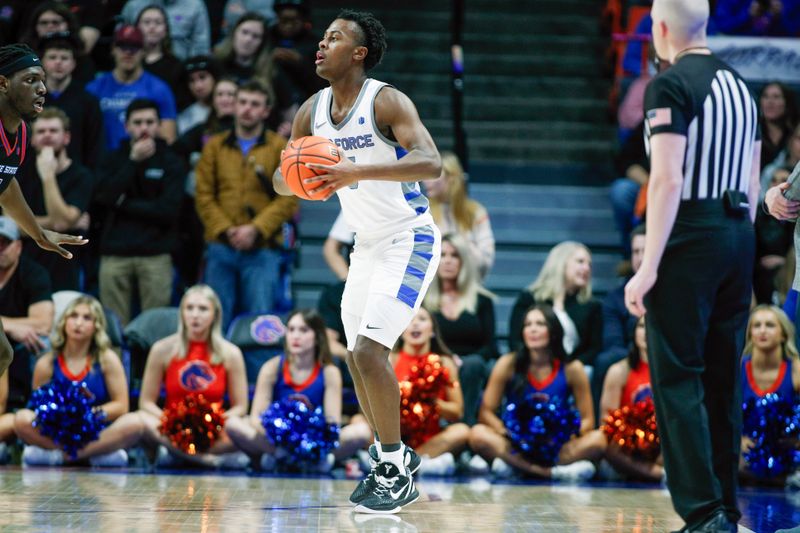 Feb 3, 2024; Boise, Idaho, USA; Air Force Falcons guard Sam Akinrelere (1) looks for a pass during the second half against the Boise State Broncos ExtraMile Arena. Boise State defeats Air Force 94-56. Mandatory Credit: Brian Losness-USA TODAY Sports