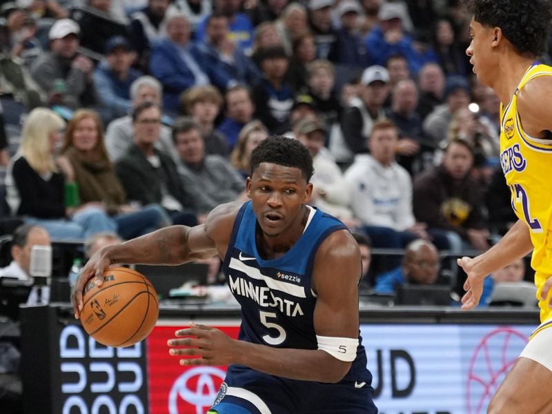 MINNEAPOLIS, MN -  DECEMBER 13: Anthony Edwards #5 of the Minnesota Timberwolves drives to the basket during the game against the Los Angeles Lakers on December 13, 2024 at Target Center in Minneapolis, Minnesota. NOTE TO USER: User expressly acknowledges and agrees that, by downloading and or using this Photograph, user is consenting to the terms and conditions of the Getty Images License Agreement. Mandatory Copyright Notice: Copyright 2024 NBAE (Photo by Jordan Johnson/NBAE via Getty Images)