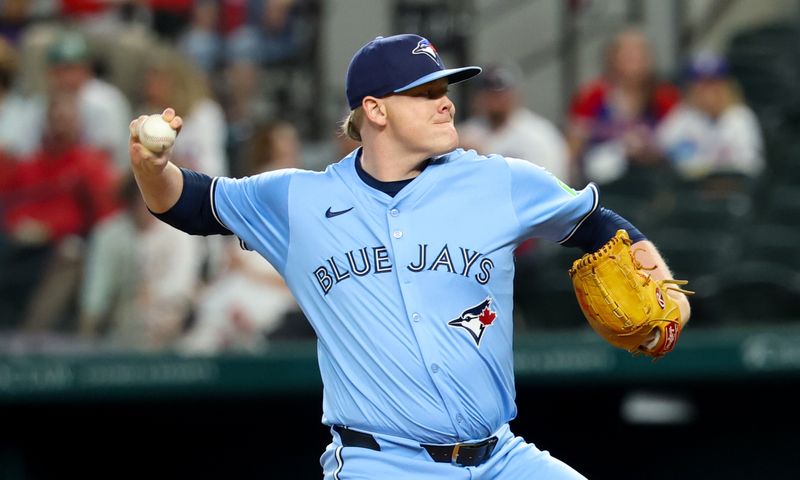 May 28, 2025; Arlington, Texas, USA; Toronto Blue Jays starting pitcher Paxton Schultz (65) throws during the first inning against the Texas Rangers at Globe Life Field. Mandatory Credit: Kevin Jairaj-Imagn Images
