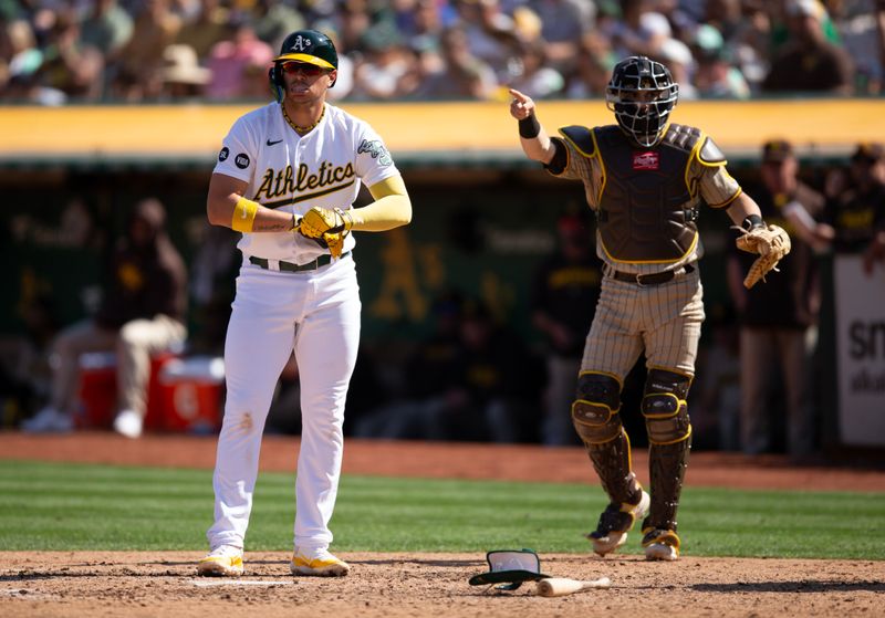 Sep 16, 2023; Oakland, California, USA; San Diego Padres catcher Brett Sullivan (29) appeals to the third base umpire on a check swing by Oakland Athletics first baseman Ryan Noda (49) during the fifth inning at Oakland-Alameda County Coliseum. Noda was ruled out on the play. Mandatory Credit: D. Ross Cameron-USA TODAY Sports