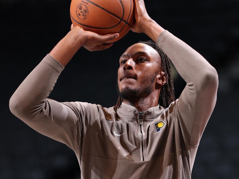 BROOKLYN, NY - DECEMBER 4: Myles Turner #33 of the Indiana Pacers warms up before the game against the Brooklyn Nets on December 4, 2024 at Barclays Center in Brooklyn, New York. NOTE TO USER: User expressly acknowledges and agrees that, by downloading and or using this Photograph, user is consenting to the terms and conditions of the Getty Images License Agreement. Mandatory Copyright Notice: Copyright 2024 NBAE (Photo by Jeff Haynes/NBAE via Getty Images)