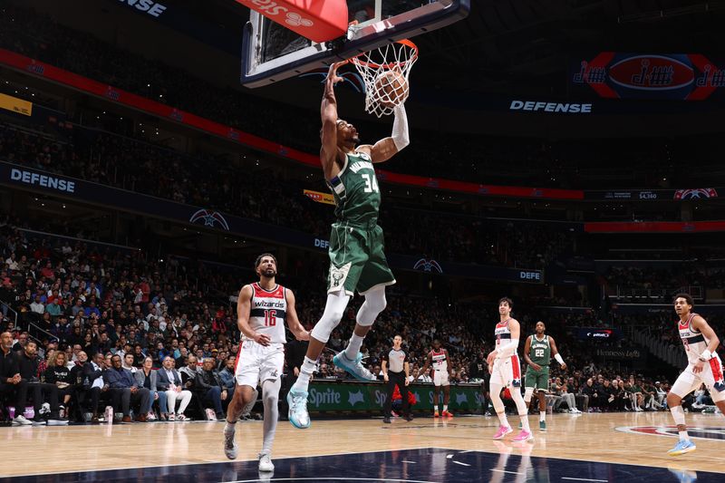 WASHINGTON, DC -? APRIL 2: Giannis Antetokounmpo #34 of the Milwaukee Bucks dunks the ball during the game against the Washington Wizards on April 2, 2024 at Capital One Arena in Washington, DC. NOTE TO USER: User expressly acknowledges and agrees that, by downloading and or using this Photograph, user is consenting to the terms and conditions of the Getty Images License Agreement. Mandatory Copyright Notice: Copyright 2024 NBAE (Photo by Stephen Gosling/NBAE via Getty Images)