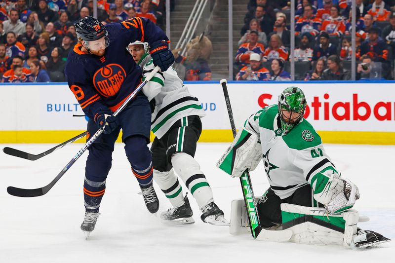 Nov 2, 2023; Edmonton, Alberta, CAN; Edmonton Oilers forward Connor Brown (28) deflects a shot wide of Dallas Stars goaltender Scott Wedgewood (41) during the first period at Rogers Place. Mandatory Credit: Perry Nelson-USA TODAY Sports