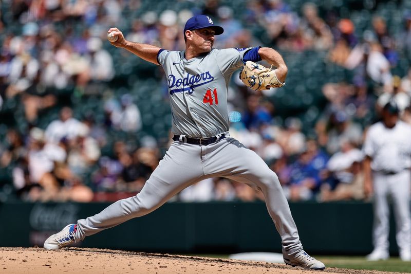 Jun 20, 2024; Denver, Colorado, USA; Los Angeles Dodgers relief pitcher Daniel Hudson (41) pitches in the seventh inning against the Colorado Rockies at Coors Field. Mandatory Credit: Isaiah J. Downing-USA TODAY Sports