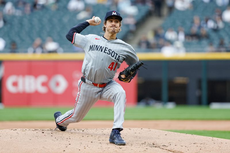 Apr 29, 2024; Chicago, Illinois, USA; Minnesota Twins starting pitcher Joe Ryan (41) delivers a pitch against the Chicago White Sox during the first inning at Guaranteed Rate Field. Mandatory Credit: Kamil Krzaczynski-USA TODAY Sports