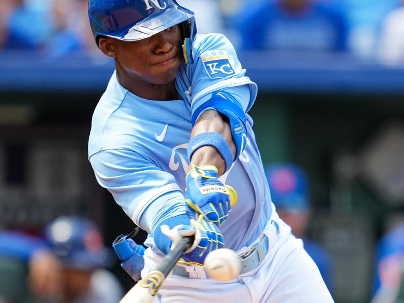 Aug 3, 2023; Kansas City, Missouri, USA; Kansas City Royals second baseman Samad Taylor (0) hits an RBI single during the eighth inning against the New York Mets at Kauffman Stadium. Mandatory Credit: Jay Biggerstaff-USA TODAY Sports