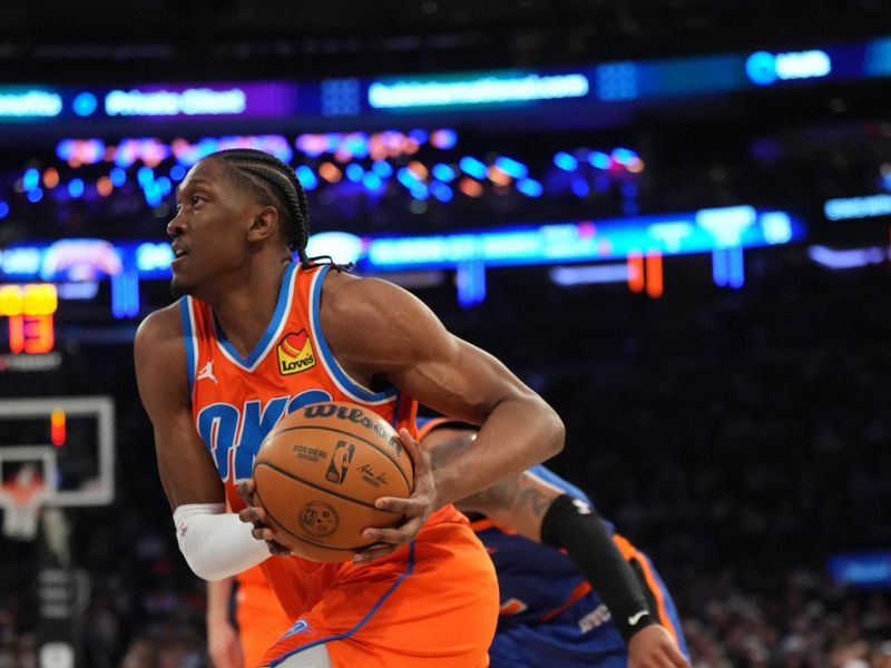 NEW YORK, NY - MARCH 31: Jalen Williams #8 of the Oklahoma City Thunder dribbles the ball during the game against the New York Knicks on March 31, 2024 at Madison Square Garden in New York City, New York.  NOTE TO USER: User expressly acknowledges and agrees that, by downloading and or using this photograph, User is consenting to the terms and conditions of the Getty Images License Agreement. Mandatory Copyright Notice: Copyright 2024 NBAE  (Photo by Jesse D. Garrabrant/NBAE via Getty Images)