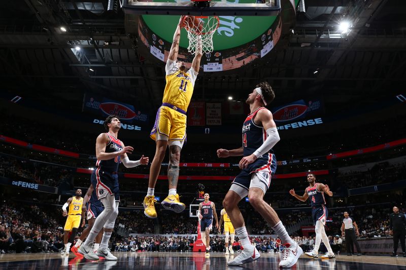 WASHINGTON, DC -? APRIL 3: Jaxson Hayes #11 of the Los Angeles Lakers dunks the ball during the game against the Washington Wizards on April 3, 2024 at Capital One Arena in Washington, DC. NOTE TO USER: User expressly acknowledges and agrees that, by downloading and or using this Photograph, user is consenting to the terms and conditions of the Getty Images License Agreement. Mandatory Copyright Notice: Copyright 2024 NBAE (Photo by Stephen Gosling/NBAE via Getty Images)