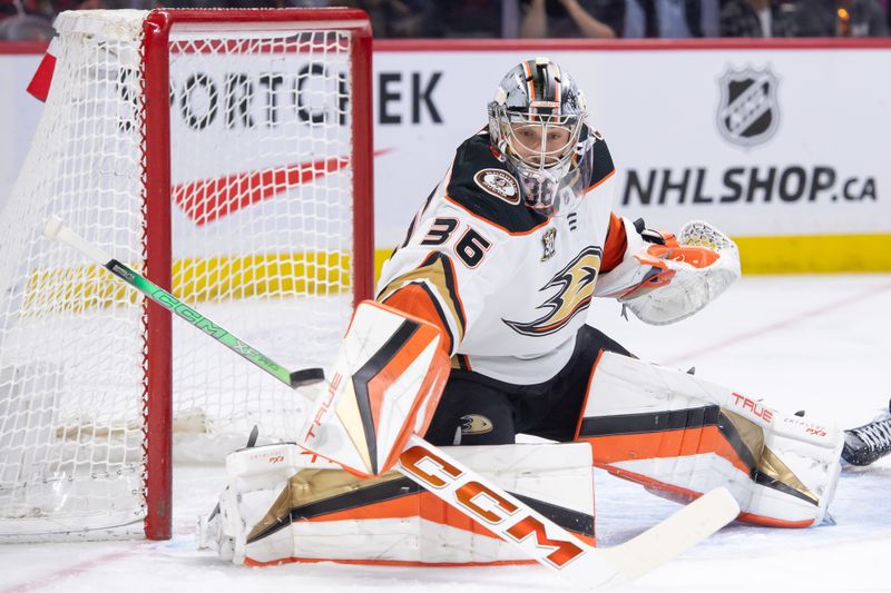 Feb 15, 2024; Ottawa, Ontario, CAN; Anaheim Ducks goalie John Gibson (36) makes a save in the first period against the Ottawa Senators at the Canadian Tire Centre. Mandatory Credit: Marc DesRosiers-USA TODAY Sports