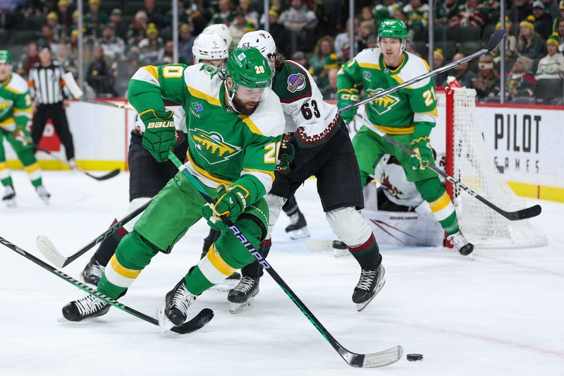 Jan 13, 2024; Saint Paul, Minnesota, USA; Minnesota Wild left wing Pat Maroon (20) skates with the puck against the Arizona Coyotes during the third period at Xcel Energy Center. Mandatory Credit: Matt Krohn-USA TODAY Sports