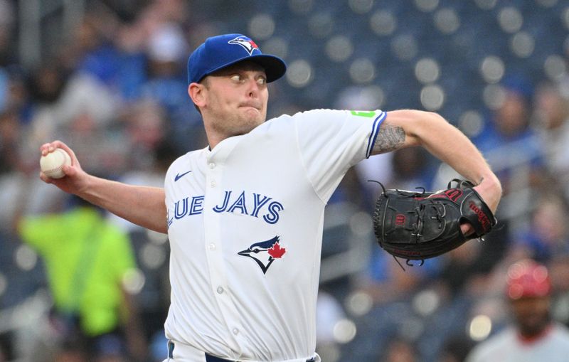 Aug 22, 2024; Toronto, Ontario, CAN;  Toronto Blue Jays starting pitcher Ryan Burr (43) delivers a pitch against the Los Angeles Angels in the first inning at Rogers Centre. Mandatory Credit: Dan Hamilton-USA TODAY Sports