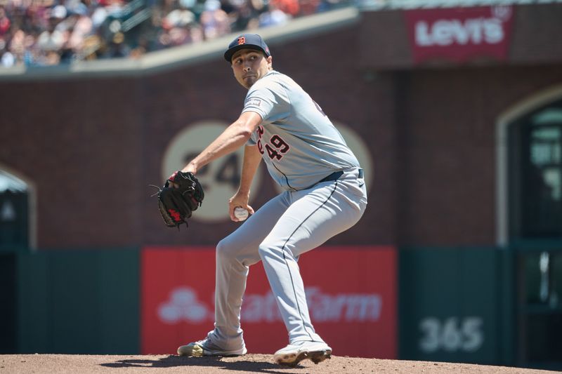 Aug 10, 2024; San Francisco, California, USA; Detroit Tigers starting pitcher Alex Faedo (49) throws a pitch against the San Francisco Giants  during the first inning at Oracle Park. Mandatory Credit: Robert Edwards-USA TODAY Sports