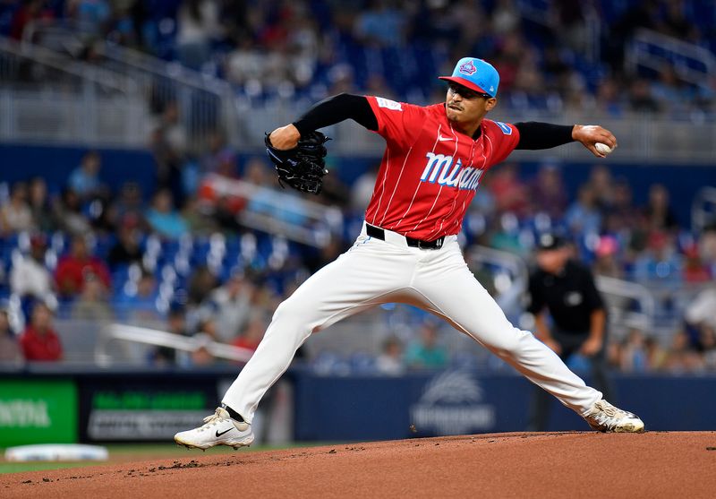 May 11, 2024; Miami, Florida, USA;  Miami Marlins starting pitcher Jesus Luzardo (44) throws the ball during the first inning against the Philadelphia Phillies at loanDepot Park. Mandatory Credit: Michael Laughlin-USA TODAY Sports