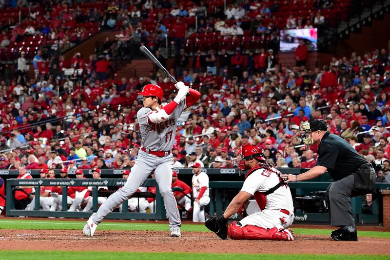 May 3, 2023; St. Louis, Missouri, USA;  Los Angeles Angels starting pitcher Shohei Ohtani (17) bats against the St. Louis Cardinals during the ninth inning at Busch Stadium. Mandatory Credit: Jeff Curry-USA TODAY Sports