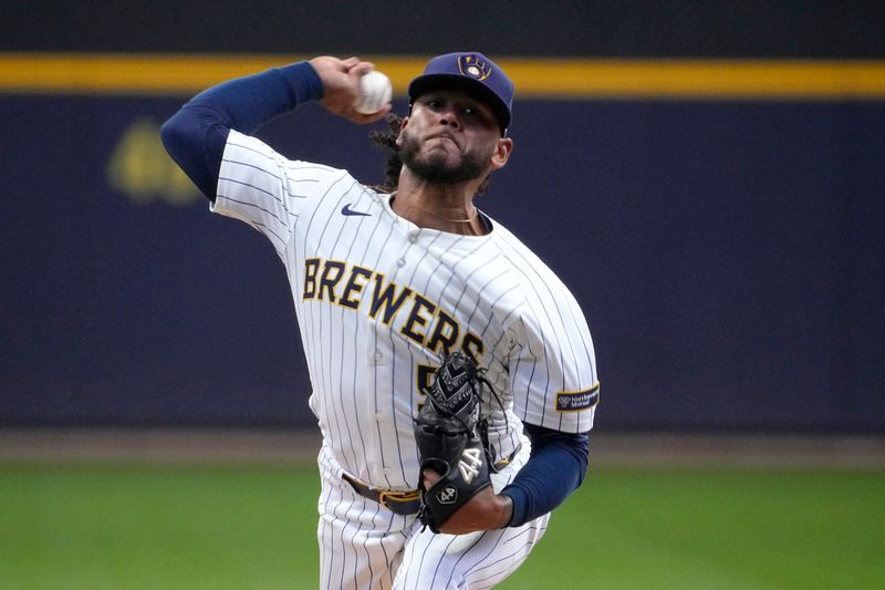May 4, 2025; Milwaukee, Wisconsin, USA; Milwaukee Brewers pitcher Freddy Peralta (51) delivers a pitch against the Chicago Cubs in the first inning at American Family Field. Mandatory Credit: Michael McLoone-Imagn Images